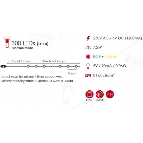 Fairy Lights 300 LED Mini Λαμπάκια σε Σειρά Ρεύματος , Ασημί Καλώδιο Χαλκού Και 8 Προγράμματα, RGBY 33m 7.2W IP44 - ACA Christmas