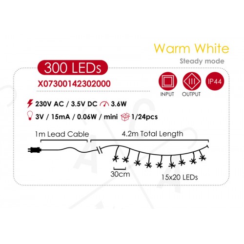 Fairy Lights 300 (15x20) CLUSTER MINI LED Λαμπάκια σε Σειρά Ρεύματος , Ασημί Καλώδιο Χαλκού Σταθερά, Θερμό Λευκό 4,2+1m 3,6W IP44 - ACA Christmas