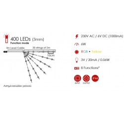 Fairy Lights 400 LED Λαμπάκια σε Σειρά Ρεύματος , Ασημί Καλώδιο Χαλκού Και 8 Προγράμματα, RGBY 20x2m 6W IP44 - ACA Christmas