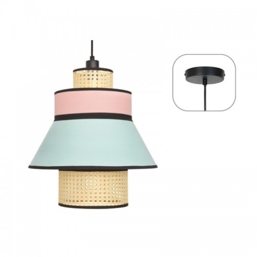 Κρεμαστό Φωτιστικό Μονόφωτο JAPAN Ροζ-Μέντα Ύφασμα και Ψάθα Ραττάν 1xE27 NISYROS - Aca Decor
