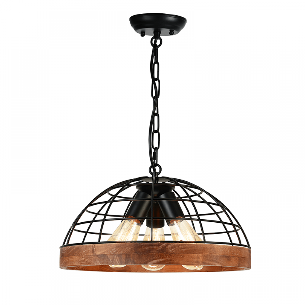 Vintage Κρεμαστό Φωτιστικό Τρίφωτο Μεταλλικό Μαύρο Και Ξύλο 3x E27 TESLA - ACA DECOR