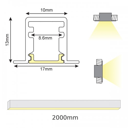 2 Μέτρα Προφίλ Αλουμινίου Με Οπάλ Κάλυμμα Χωνευτό LESTE P160 - ACA
