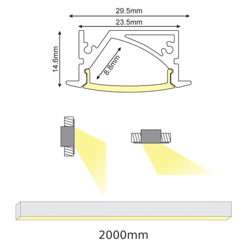 2 Μέτρα Προφίλ Αλουμινίου Με Οπάλ Κάλυμμα Χωνευτό LEVI P191 - ACA
