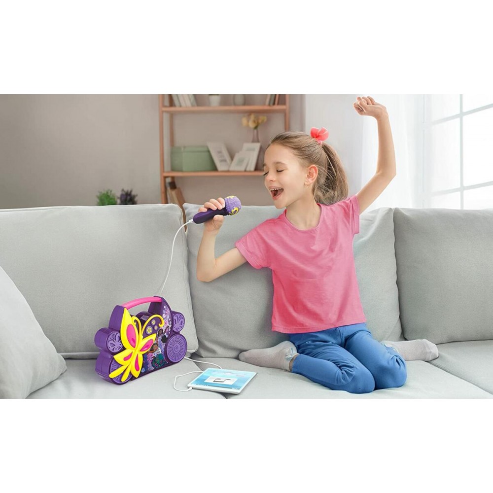 eKids Encanto Boombox Karaoke & Ενσύρματο Μικρόφωνο για παιδιά με ενσωματωμένη μουσική, φωτισμό, Sound Effects (EN-115) (Κίτρινο/Μωβ/Ροζ)