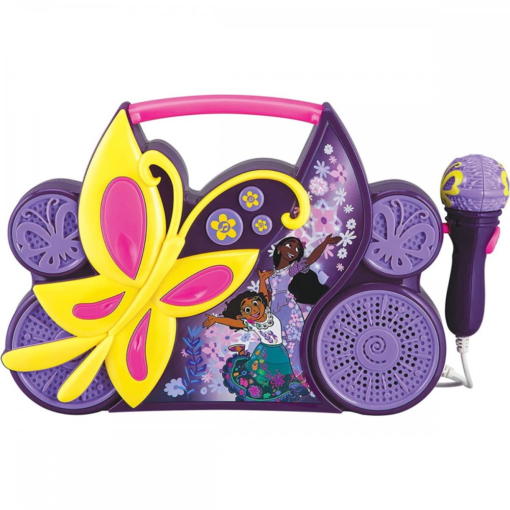 eKids Encanto Boombox Karaoke & Ενσύρματο Μικρόφωνο για παιδιά με ενσωματωμένη μουσική, φωτισμό, Sound Effects (EN-115) (Κίτρινο/Μωβ/Ροζ)
