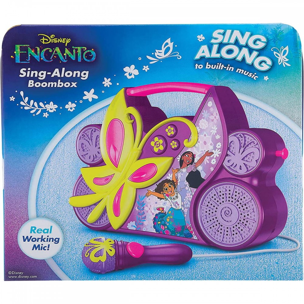 eKids Encanto Boombox Karaoke & Ενσύρματο Μικρόφωνο για παιδιά με ενσωματωμένη μουσική, φωτισμό, Sound Effects (EN-115) (Κίτρινο/Μωβ/Ροζ)