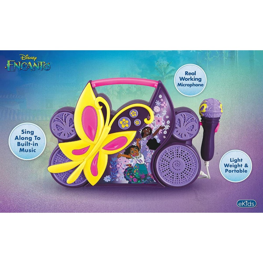 eKids Encanto Boombox Karaoke & Ενσύρματο Μικρόφωνο για παιδιά με ενσωματωμένη μουσική, φωτισμό, Sound Effects (EN-115) (Κίτρινο/Μωβ/Ροζ)