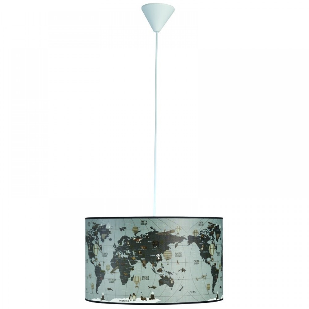 Φωτιστικό Μονόφωτο Παιδικό Αμπαζούρ, ύφασμα με σχέδιο υδρόγειο σε γκρι απόχρωση Ε27 Φ40 - Arkolight