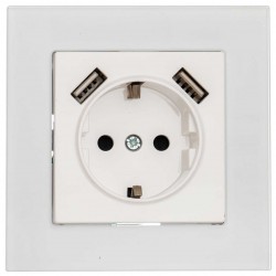 Πρίζα Σούκο Ασφαλείας Με Δύο Θύρες USB Χωνευτή Λευκό Γυαλί ΝΕΦΕΛΗ
