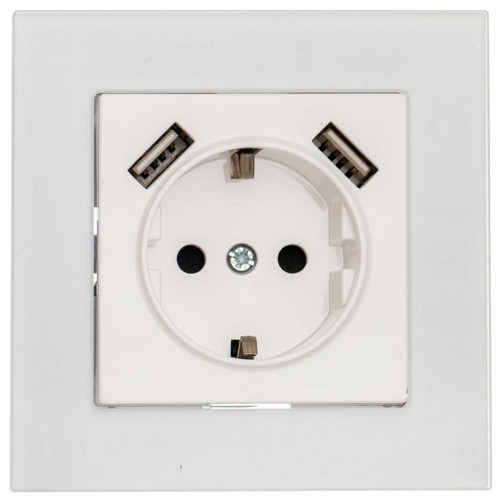 Πρίζα Σούκο Ασφαλείας Με Δύο Θύρες USB Χωνευτή Λευκό Γυαλί ΝΕΦΕΛΗ