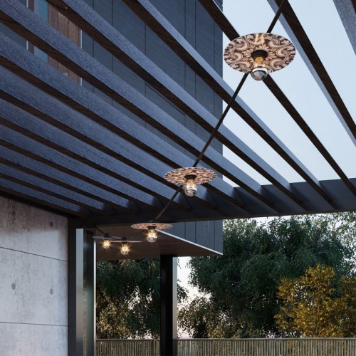 Γιρλάντα Lumet 'Maioliche' έτοιμη για χρήση, 7,5m υφασμάτινο καλώδιο πλακέ με 5 ντουί, καπέλα φωτιστικών, γάντζο και φις - Majolica Λευκό - Μαύρο - Creative Cables