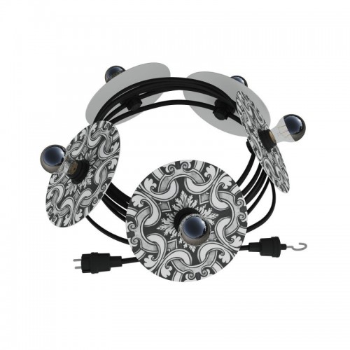 Γιρλάντα Lumet 'Maioliche' έτοιμη για χρήση, 7,5m υφασμάτινο καλώδιο πλακέ με 5 ντουί, καπέλα φωτιστικών, γάντζο και φις - Majolica Λευκό - Μαύρο - Creative Cables