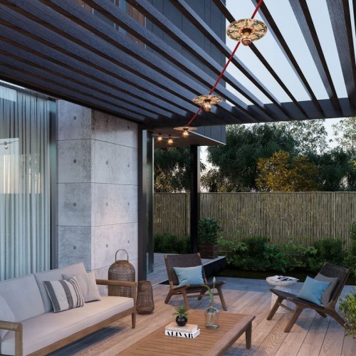 Γιρλάντα Lumet 'Maioliche' έτοιμη για χρήση, 7,5m υφασμάτινο καλώδιο πλακέ με 5 ντουί, καπέλα φωτιστικών, γάντζο και φις - Majolica Κόκκινο-Πράσινο - Creative Cables