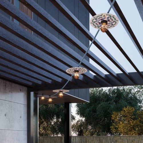 Γιρλάντα Lumet 'Maioliche' έτοιμη για χρήση, 7,5m υφασμάτινο καλώδιο πλακέ με 5 ντουί, καπέλα φωτιστικών, γάντζο και φις - Majolica Μπλε - Creative Cables