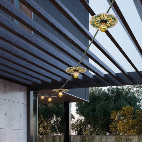 Γιρλάντα Lumet 'Maioliche' έτοιμη για χρήση, 7,5m υφασμάτινο καλώδιο πλακέ με 5 ντουί, καπέλα φωτιστικών, γάντζο και φις - Majolica Κίτρινο-Πράσινο - Creative Cables