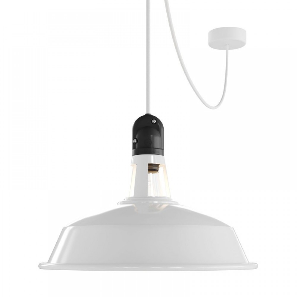 Κρεμαστό Φωτιστικό Εξωτερικού Χώρου EIVA με Λευκό Καπέλο, 5m Υφασμάτινο Καλώδιο, Ροζέτα, Στήριγμα Καλωδίου και Στεγανό Ντουί IP65 - Creative Cables