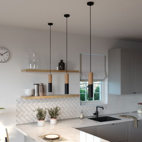 Ξυλινο Σποτ και μεταλλικό Tub-E14, με διπλό συνδυασμό και ντουί Ε14 ροδέλα Φυσικό Ξύλο - Μαύρο - Creative Cables