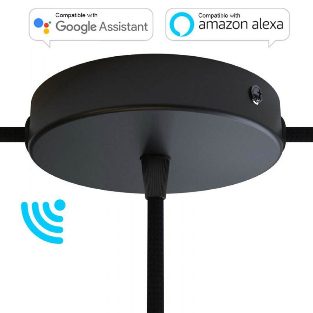 SMART Ροζέτα Φωτιστικού Μεταλλική πλακέ 1 τρύπα στο κέντρο + 2 στο πλάι και στήριγμα καλωδίου - συμβατή με φωνητικές βοηθούς - Μαύρο - Creative Cables