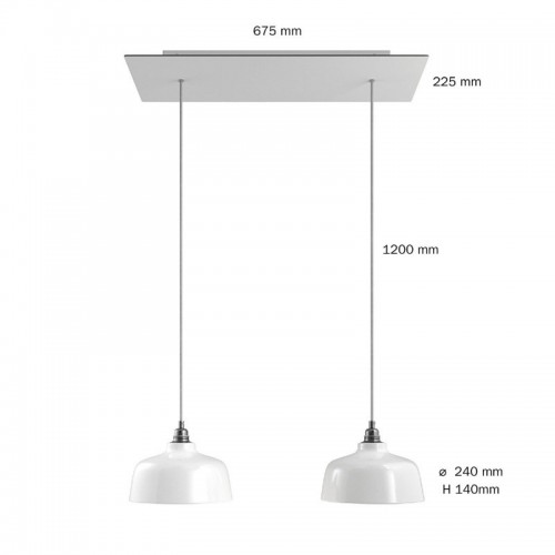Κρεμαστό Φωτιστικό 2φωτο, με ορθογώνια ροζέτα Rose-One XXL 675 mm, υφασμάτινο καλώδιο και κεραμικά καπέλα Coppa - Λευκό ΜΑΤ Dibond - Creative Cables