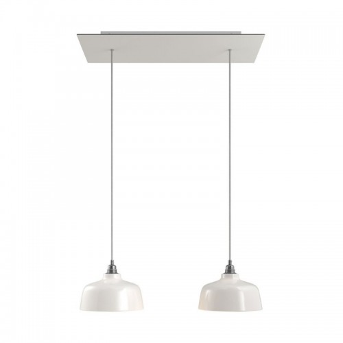 Κρεμαστό Φωτιστικό 2φωτο, με ορθογώνια ροζέτα Rose-One XXL 675 mm, υφασμάτινο καλώδιο και κεραμικά καπέλα Coppa - Λευκό ΜΑΤ Dibond - Creative Cables