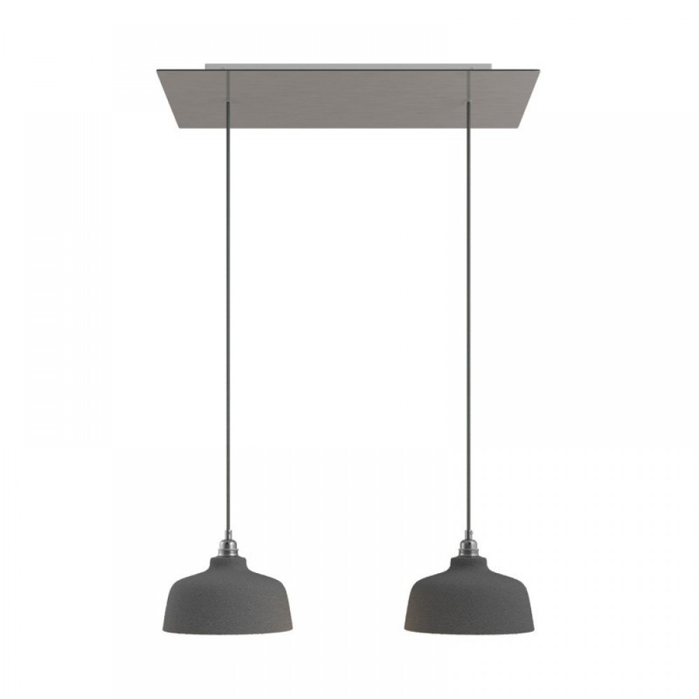 Κρεμαστό Φωτιστικό 2φωτο, με ορθογώνια ροζέτα Rose-One XXL 675 mm, υφασμάτινο καλώδιο και κεραμικά καπέλα Coppa - Νίκελ ΜΑΤ Dibond - Creative Cables