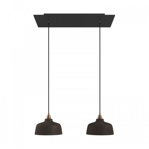 Κρεμαστό Φωτιστικό 2φωτο, με ορθογώνια ροζέτα Rose-One XXL 675 mm, υφασμάτινο καλώδιο και κεραμικά καπέλα Coppa - Μαύρο ΜΑΤ Dibond - Creative Cables