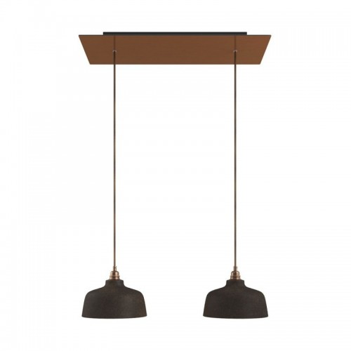 Κρεμαστό Φωτιστικό 2φωτο, με ορθογώνια ροζέτα Rose-One XXL 675 mm, υφασμάτινο καλώδιο και κεραμικά καπέλα Coppa - Χάλκινο ΜΑΤ Dibond - Creative Cables