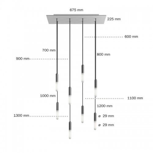 Κρεμαστό Φωτιστικό 8φωτο, με ορθογώνια ροζέτα Rose-One XXL 675 mm, υφασμάτινο καλώδιο και μεταλλικά στοιχεία - Μαύρο ΜΑΤ Dibond - Creative Cables