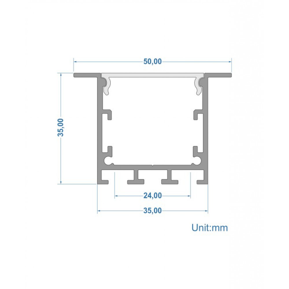 Προφίλ Αλουμινίου Χωνευτό Μεγάλο Ασημί 2 μέτρα - CUBALUX