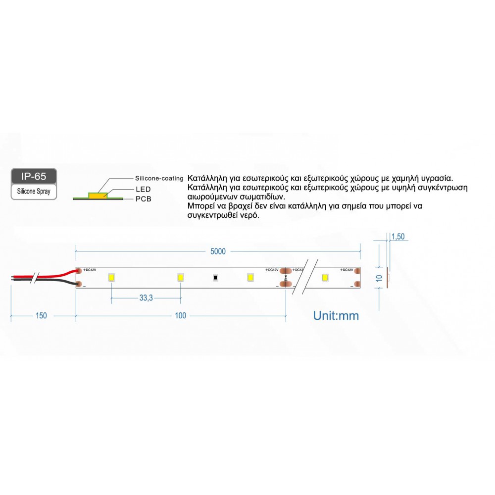 Ταινία Led Αυτοκόλλητη 6W 12V IP65 TΩRA 5 μέτρα Θερμό Λευκό 3000Κ CUBALUX