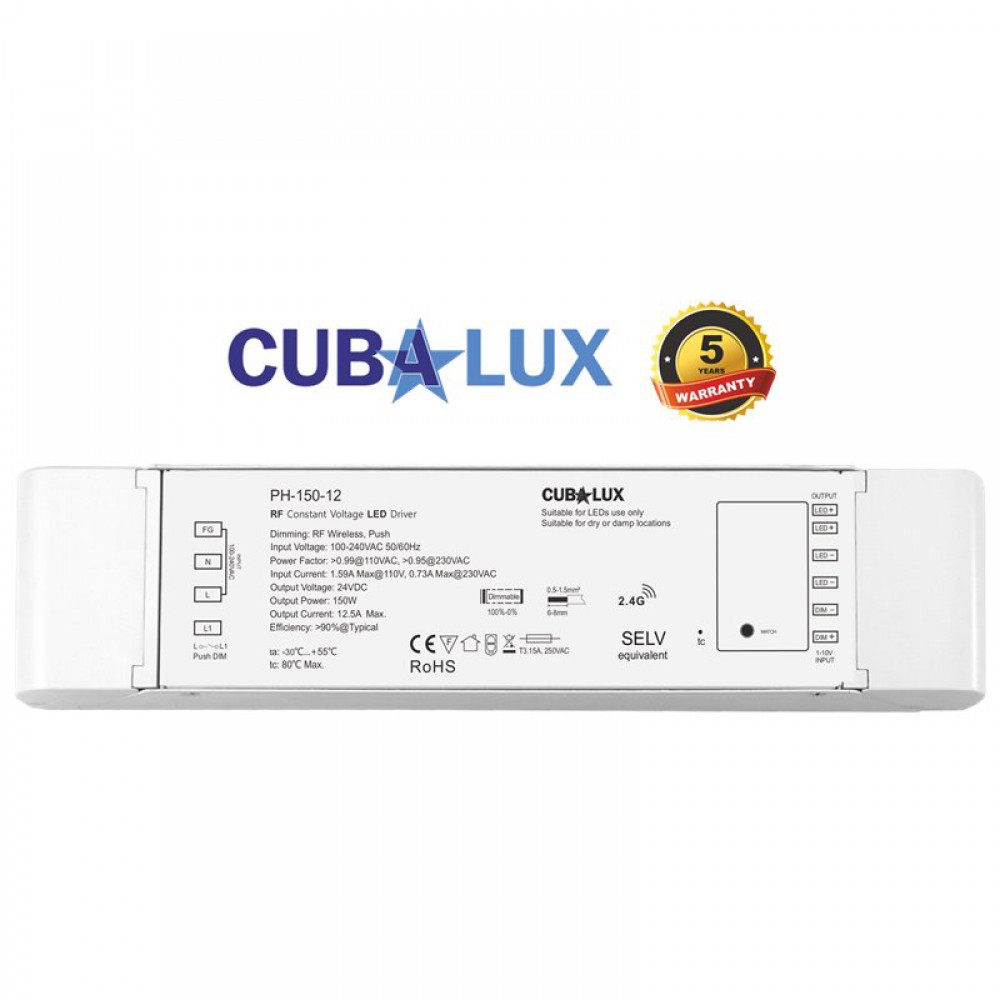 Dimmable RF, 0/1-10V, Push button τροφοδοτικό LED Cubalux 150 Watt 12VDC IP20