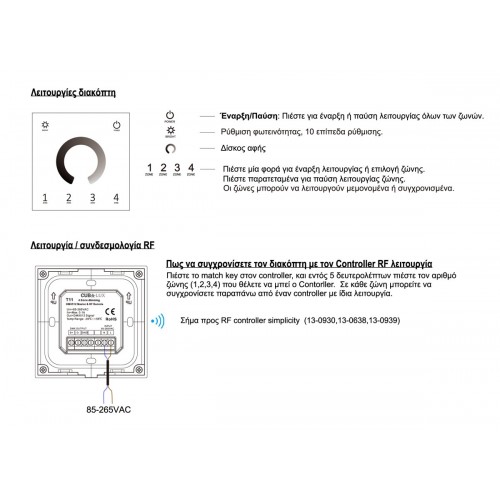 Ασύρματος - DMX512 Διακόπτης Αφής Dimming 4 Ζώνες (Λειτουργία 230VAC) - Cubalux