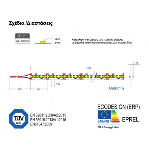 Ταινία Led 19.2W IP20 24V TΩRA 5 μέτρα - CUBALUX Θερμό Λευκό 3000K
