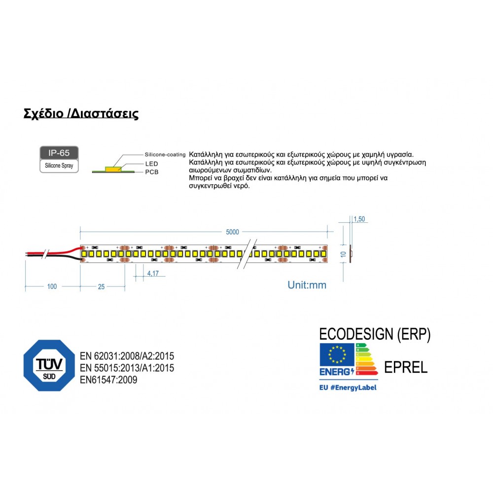 Ταινία Led 19.2W IP65 24V TΩRA 5 μέτρα - CUBALUX Ψυχρό Λευκό 6000K