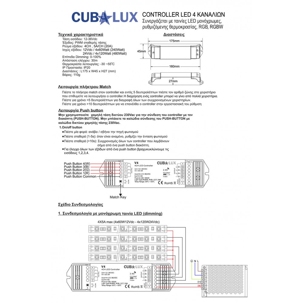 Controller Simlicity Πολλαπλών λειτουργιών 4x5A DIM / RGB / RGBW / CCT - Cubalux