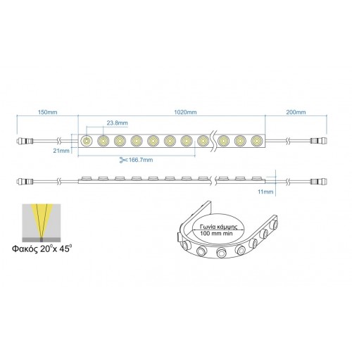 LED Ταινία Wall Washer 18W 24V CRI90 IP67, 20x45 Μοίρες Φωτισμού, SAMSUNG Chip Θερμό Λευκό 3000Κ- 1 Μέτρο - CUBALUX