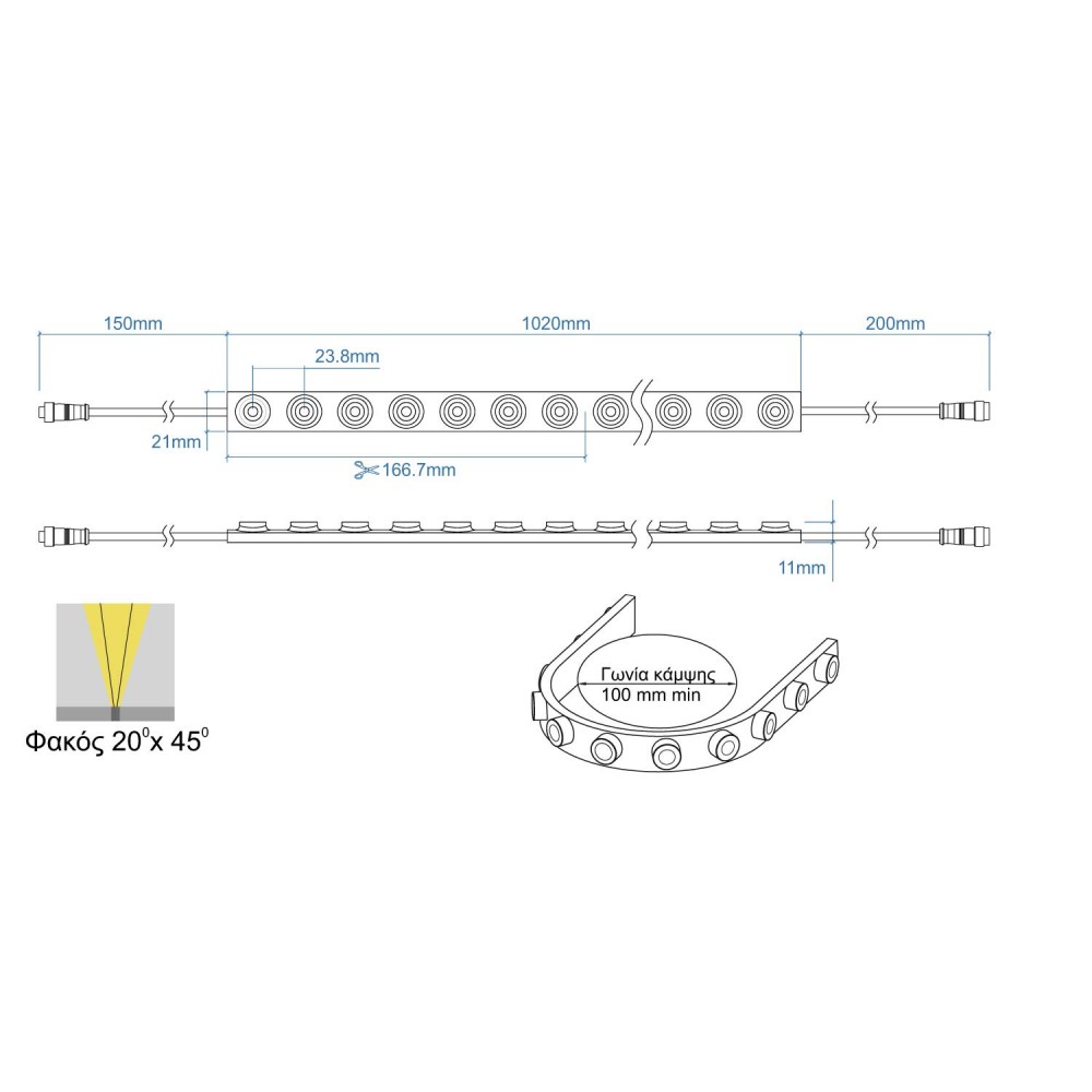 LED Ταινία Wall Washer 16W 24V IP67, 20x45 Μοίρες Φωτισμού, RGBW - 1 Μέτρο - CUBALUX