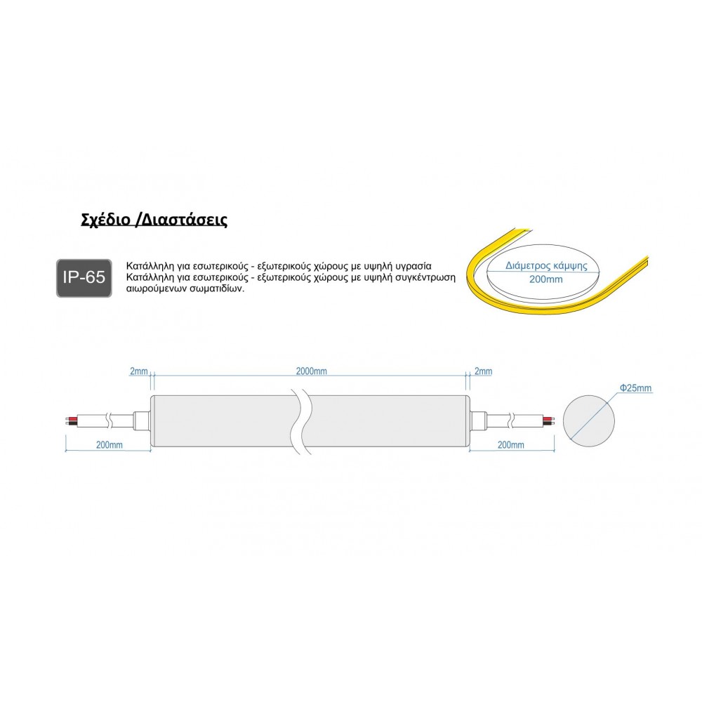 Neon Flex Σωλήνας RONDO 12 Watt/m 24V IP65 - 2 Μέτρα - Cubalux