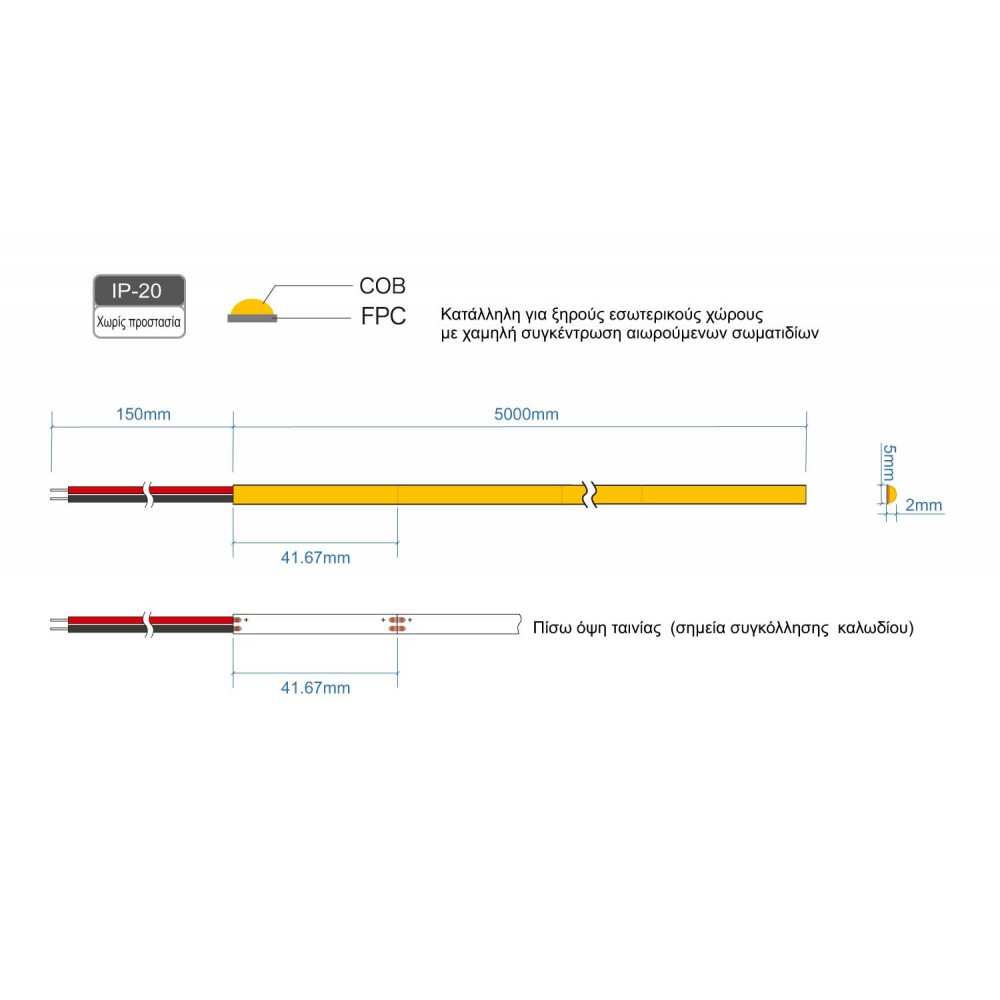 LED COB Ταινία SLIM LINE - TΩRA Dotless 3W 24V IP20 CRI 90 Θερμό Λευκό 2700K - 5 Μέτρα  - CUBALUX