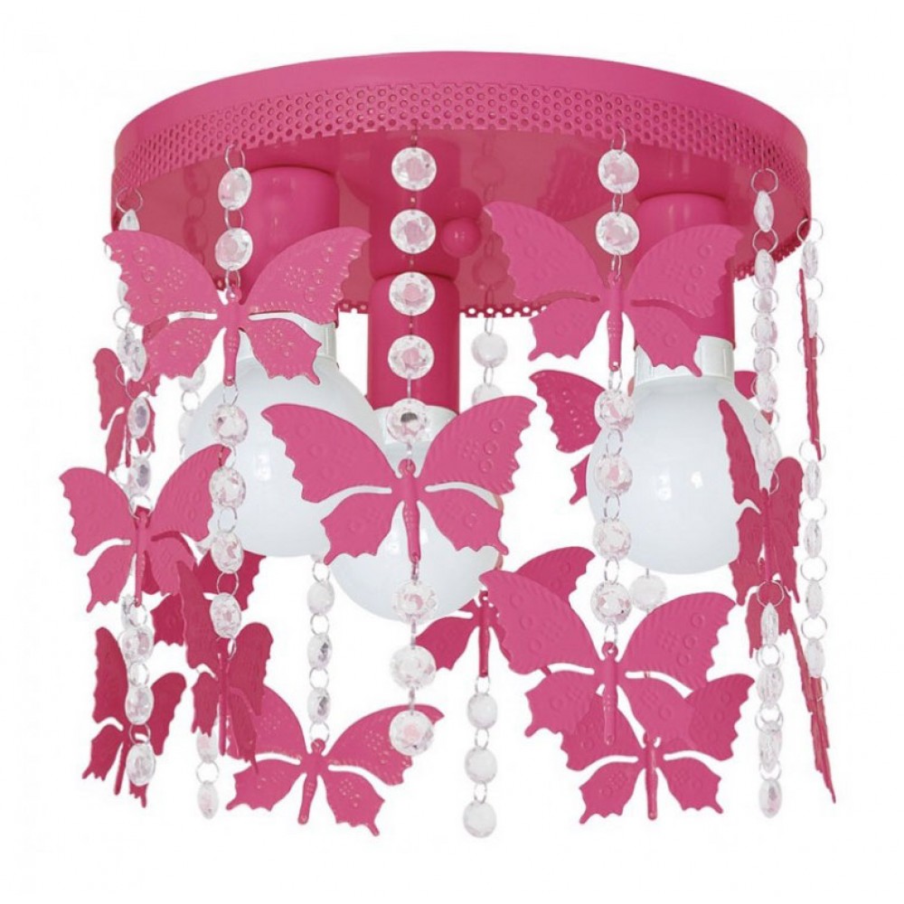 Παιδικό Φωτιστικό Οροφής ANGELICA Μεταλλικό 3xE27 Φούξια Με Πεταλούδες Και Κρύσταλλα - MiLagro