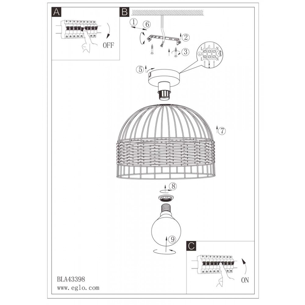 Vintage Πλαφονιέρα Από Μέταλλο Και Ραττάν 1xE27 40W ANWICK - Eglo