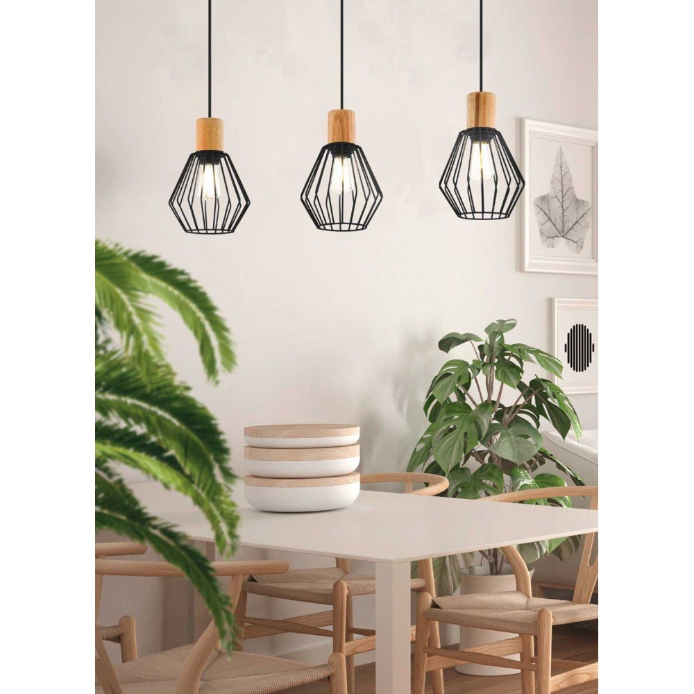 Vintage Κρεμαστό Φωτιστικό Τρίφωτο Από Μέταλλο Και Ξύλο 3x60W E27 PALMORLA - Eglo