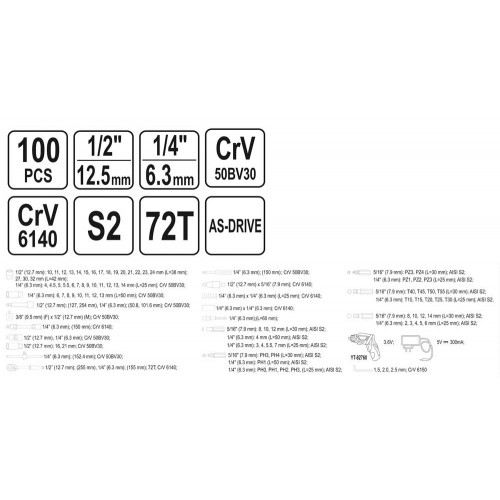 Επαγγελματική Κασετίνα Σετ Εργαλείων Με Κατσαβίδι Μπαταρίας 3.6V 100τμχ 1/4” & 1/2” YT-12685 - Yato Tools