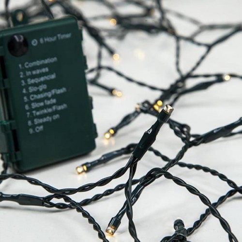 96 LED Σε Σειρά Με Μπαταρία 8 Προγραμμάτων Με Χρονοδιακόπτη Και Πράσινο Καλώδιο Αδιάβροχα IP44 Θερμό Λευκό Magic Christmas