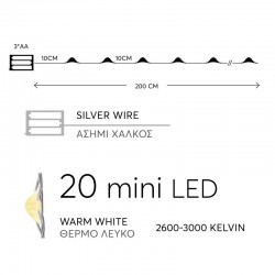 Fairy Lights Σειρά Μπαταρίας, 20 LED Θερμά Λευκά Με Ασημί Χαλκό, Ανά 10CM, IP20 - Magic Christmas