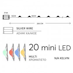 Fairy Lights Σειρά Μπαταρίας, 20 MINI LED, 3XAA, 10CM Προέκταση Παροχής, Ασημί Χαλκός, Χρωματιστό LED, Ανά 10CM, 2M, IP20 - Magic Christmas