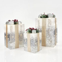 Κουτιά Δώρου Φωτιζόμενα, Με Ασημί - Λευκό Νήμα, ΣΕΤ 3ΤΜΧ, 20CM/30CM/38CM - Magic Christmas