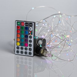 ΣΕΙΡΑ, 100 ΜΙΝΙ LED, 4,5V, ΜΕ ΜΕΤΑΣΧΗΜΑΤΙΣΤΗ ΚΑΙ ΤΗΛΕΧΕΙΡΙΣΤΗΡΙΟ (M/F, ON/OFF, TIMER), ΠΡΟΕΚΤΑΣΗ ΠΑΡΟΧΗΣ 500cm, ΑΣΗΜΙ ΧΑΛΚΟΣ, SYCHRONIZ RGB LED, ANA 10cm, ΙΡ44 Magic Christmass