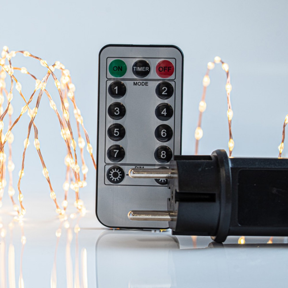 ΣΕΙΡΑ, 300 MINI LED, 31V, ΜΕ ΤΗΛΕΧΕΙΡΙΣΤΗΡΙΟ (ON/OFF, TIMER, DIMMER), ΜΕ ΜΕΤΑΣΧΗΜΑΤΙΣΤΗ, ΠΡΟΕΚΤΑΣΗ ΠΑΡΟΧΗΣ 300cm, ΜΠΡΟΝΖΕ ΧΑΛΚΟΣ, ΘΕΡΜΟ ΛΕΥΚΟ LED, ANA 1,5cm, ΙΡ44 Magic Christmas