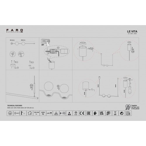 LE VITA Κρεμαστό Φωτιστικό Μαύρο Με Οπάλ Γυαλί - LED 13W FARO